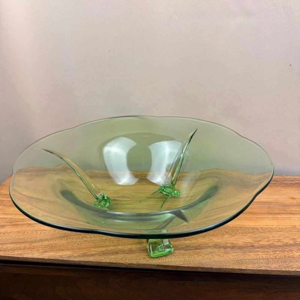 Green Uranium Glass Footed Bowl Vintage Depression Glass 12